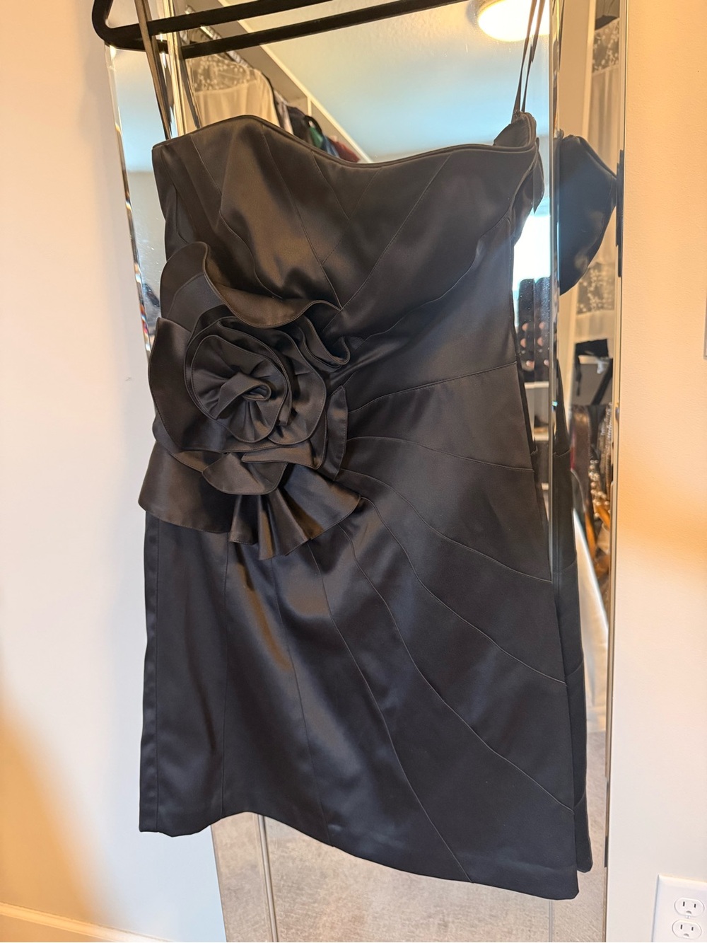 White House Black Market Black Strapless Satin Dress with Rosette